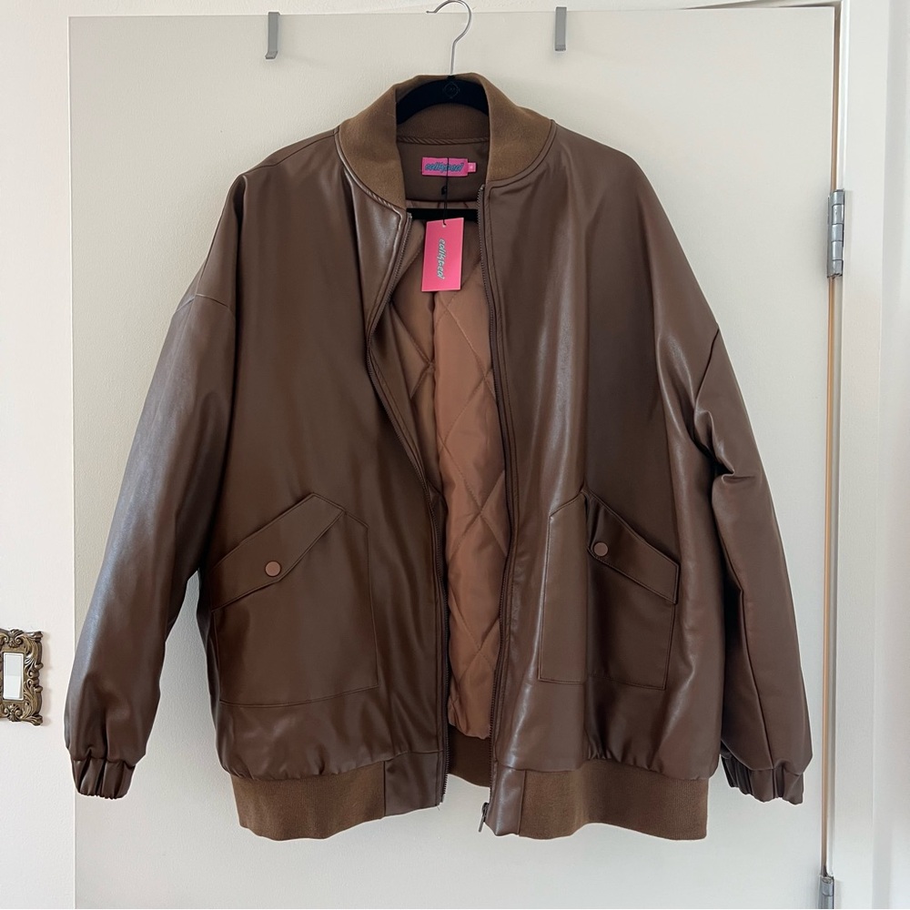 Edikted Faux Leather Oversized Bomber Jacket
